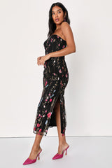 Bold Botanicals Black Floral Embroidered Strapless Midi Dress