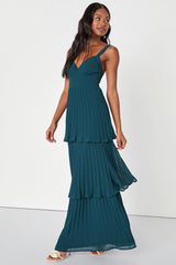Luxe Perfection Emerald Green Pleated Tiered Backless Maxi Dress