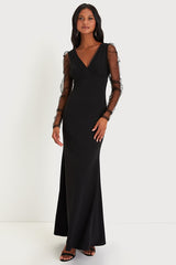 Red Carpet Energy Black Tulle Long Sleeve Mermaid Maxi Dress