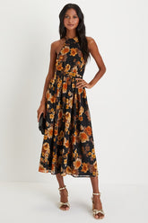 Charming Vision Black Floral Swiss Dot Lurex Halter Midi Dress
