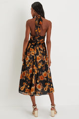 Charming Vision Black Floral Swiss Dot Lurex Halter Midi Dress