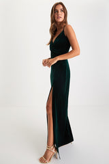 Graceful Glamour Emerald Green Velvet Surplice Maxi Dress