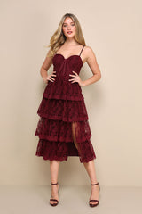 Exceptional Persona Wine Red Lace Tiered Bustier Midi Dress