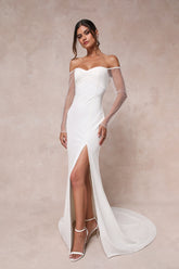 Eternally Beloved White Mesh Off-the-Shoulder Pearl Maxi Dress