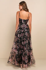 Exclusive Glamour Black Floral Organza Tiered Maxi Dress
