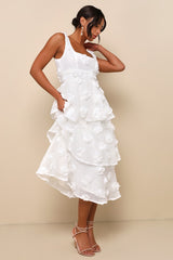 Exceptional Entrance White Sleeveless Tiered Rosette Midi Dress