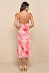 Bright Charm Pink Abstract Print Chiffon Slip Midi Dress