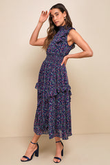 Evalina Navy Blue Floral Print Mock Neck Midi Dress