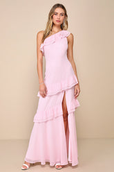 Brilliant Grace Light Pink Ruffled One-Shoulder Maxi Dress