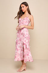 Dreamy Personality Pink Floral Ruffled Sleeveless Midi Dress