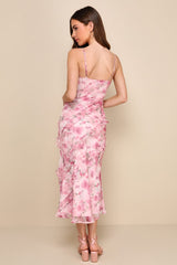 Dreamy Personality Pink Floral Ruffled Sleeveless Midi Dress
