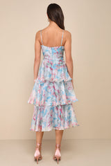 Darling Aesthetic Light Blue Floral Print Tiered Midi Dress
