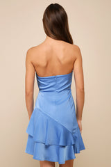 Certainly the Cutest Blue Satin Tiered Strapless Mini Dress