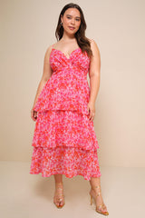 Adorable Obsession Pink Floral Print Lurex Tiered Midi Dress
