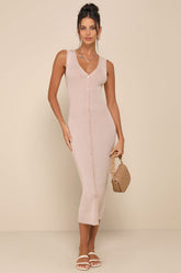Positively Sophisticated Taupe Button-Front Midi Sweater Dress