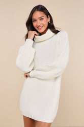 Casual Coziness Ivory Waffle Knit Cowl Neck Sweater Dress