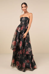 Truly Extraordinary Black Floral Organza Strapless Maxi Dress
