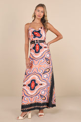 Rich Demeanor Pink Multi Abstract Backless Buckle Maxi Dress