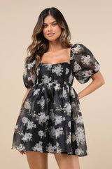 Desired Delight Black Floral Puff Sleeve Babydoll Mini Dress