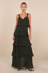Elegant Nature Olive Green Pleated Sleeveless Tiered Maxi Dress