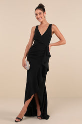 Pure Loveliness Black Pleated Ruffled High-Low Maxi Dress