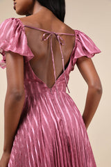 Standout Sophistication Mauve Lurex Flutter Sleeve Midi Dress