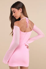 Flirty Silhouette Light Pink Mesh Long Sleeve Halter Mini Dress