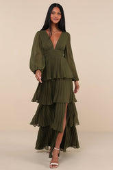 Graceful Finesse Olive Green Pleated Long Sleeve Maxi Dress