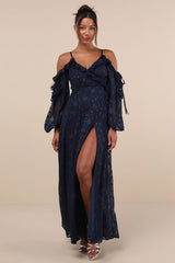 Pleasant Aura Navy Blue Floral Burnout Cold-Shoulder Maxi Dress