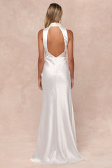 Gorgeous Vow White Satin Mock Neck Cowl Mermaid Maxi Dress