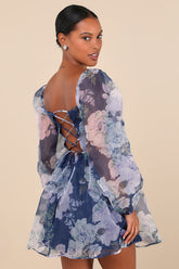 Positively Enchanting Blue Floral Organza Bustier Mini Dress