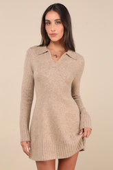 Soft Serenity Heather Taupe Collared Sweater Mini Dress