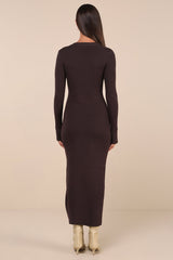 Refined Attitude Brown Ribbed Side Button Midi Sweater Dress