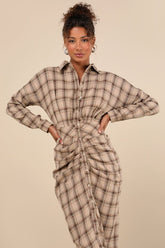 Seasonal Spirit Taupe Plaid Ruched Long Sleeve Midi Dress