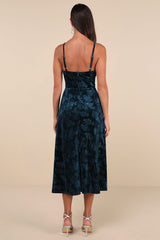 Considered Glamour Dark Teal Crushed Velvet Buster Midi Dress