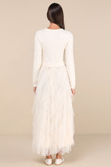 Ultimate Beauty Ivory Cable Knit Ruffled Tulle Maxi Dress
