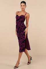 Decadent Flirt Purple Mesh Velvet Ruched Bodycon Midi Dress