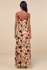 Romance in the Making Beige Floral Print Velvet Maxi Dress