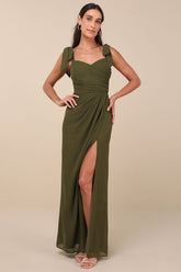 Gorgeous Whimsy Olive Pleated Off-the-Shoulder Maxi Dress