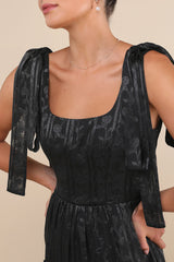 Picturesque Allure Black Jacquard Tie-Strap Maxi Dress