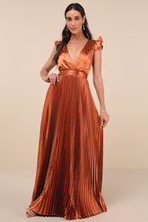 Exceptional Drama Rust Orange Satin Lace-Up Pleated Maxi Dress