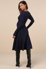 Warm Emotions Navy Blue Skater Midi Sweater Dress