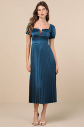 Flawless Forever Teal Satin Pleated Midi Dress