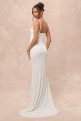 Stunning Vow White Beaded Sequin Maxi Dress