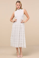Happily Sweet White Mock Neck Backless Midi Dress