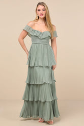 Always Remarkable Sage Brush Pleated Off-the-Shoulder Maxi Dress