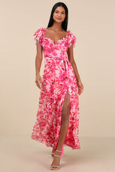 Sensationally Sweeter Bright Pink Floral Ruffled Maxi Dress