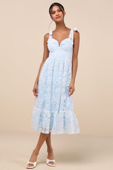 Distinctly Sweet Blue Floral Embroidered Tie-Strap Midi Dress