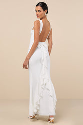 Exquisite Refinement Ivory Backless Bow Ruffled Maxi Dress