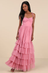 Endlessly Darling Dusty Rose Mesh Tiered Tie-Strap Maxi Dress